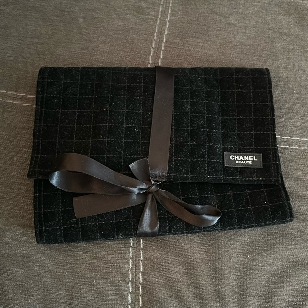 CHANEL Suede TriFold Makeup Clutch with Wrap Around Bow